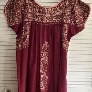 Authentic Oaxacan Handmade Floral Silk-Embroidered Cotton Maxi Dress Size Large